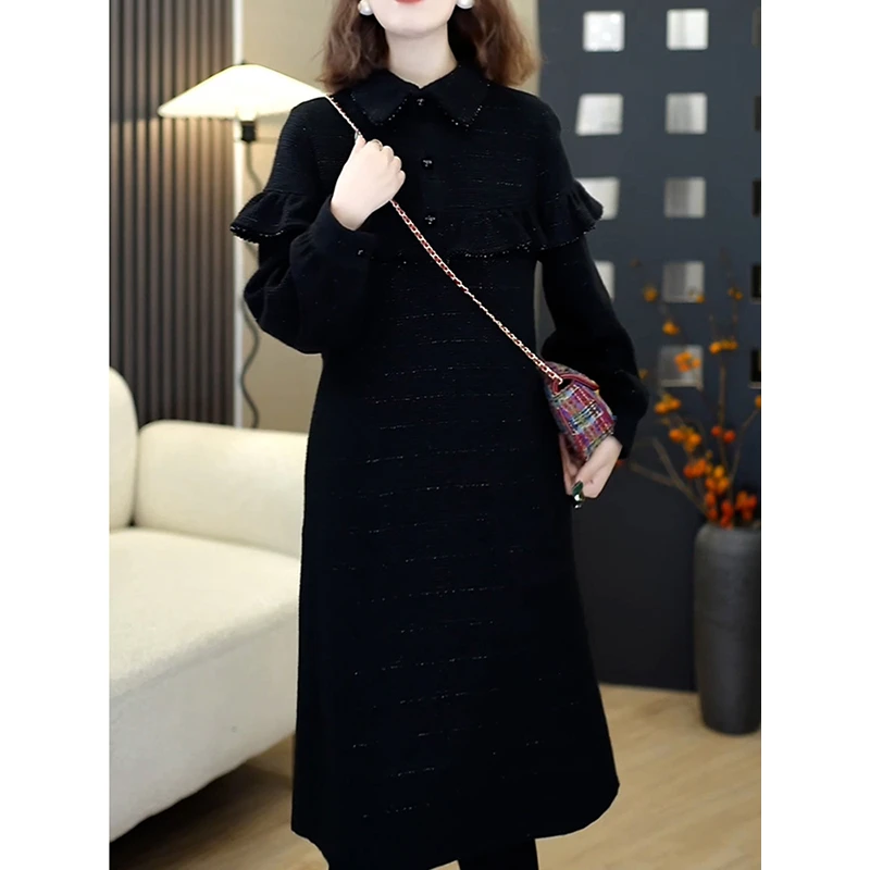 优雅名媛风高档时尚荷叶领拼接连衣裙2025秋冬新款遮肉显瘦小黑裙