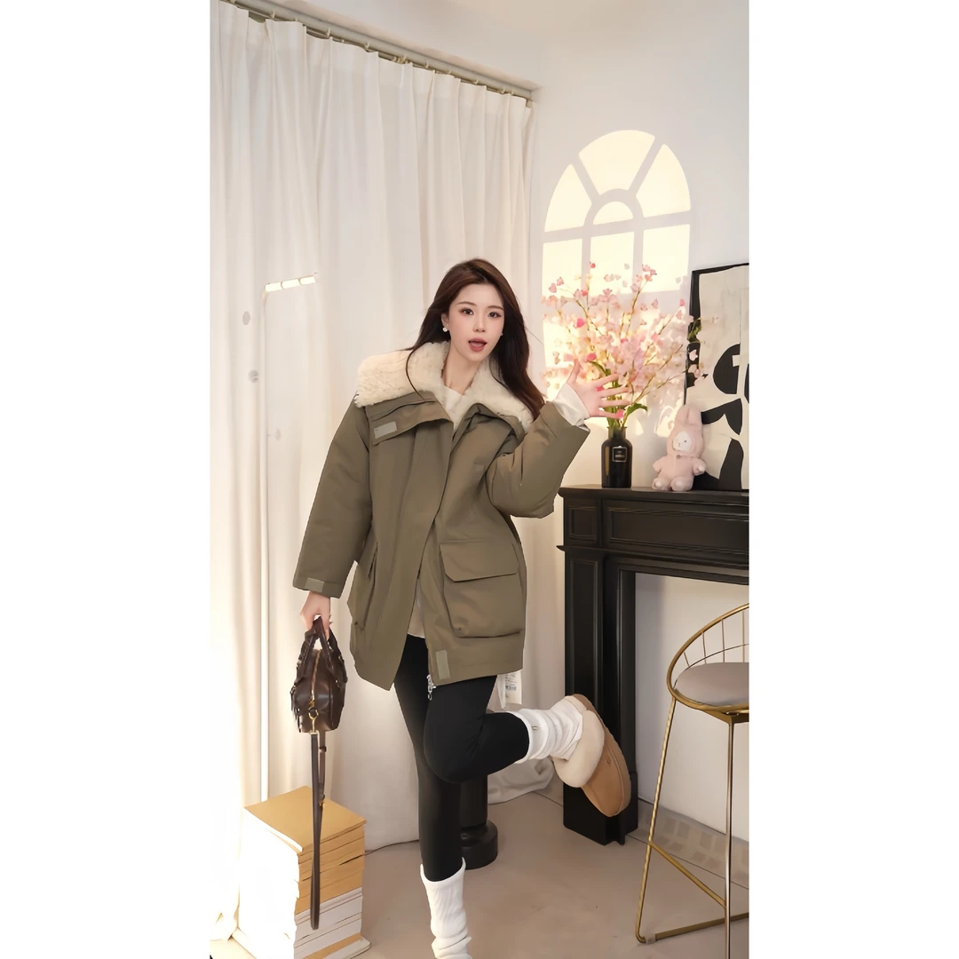 2024冬季加绒加厚毛毛冲锋衣外套派克服中长款大衣