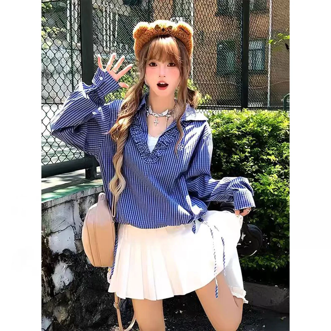 ikyou衬衫女2025新款爆款洋气v领蓝色格子慵懒风显瘦长袖上衣女秋