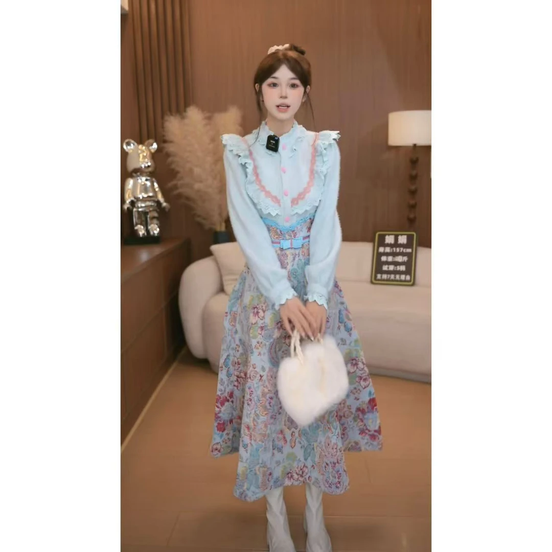 2025秋冬新款独特超好看气质加厚蓝色衬衫女装公主碎花半裙一整套