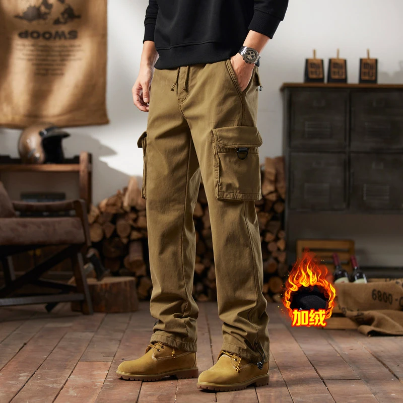 冬季新款多口袋户外休闲裤男宽松直筒重磅水洗潮流百搭加绒工装裤