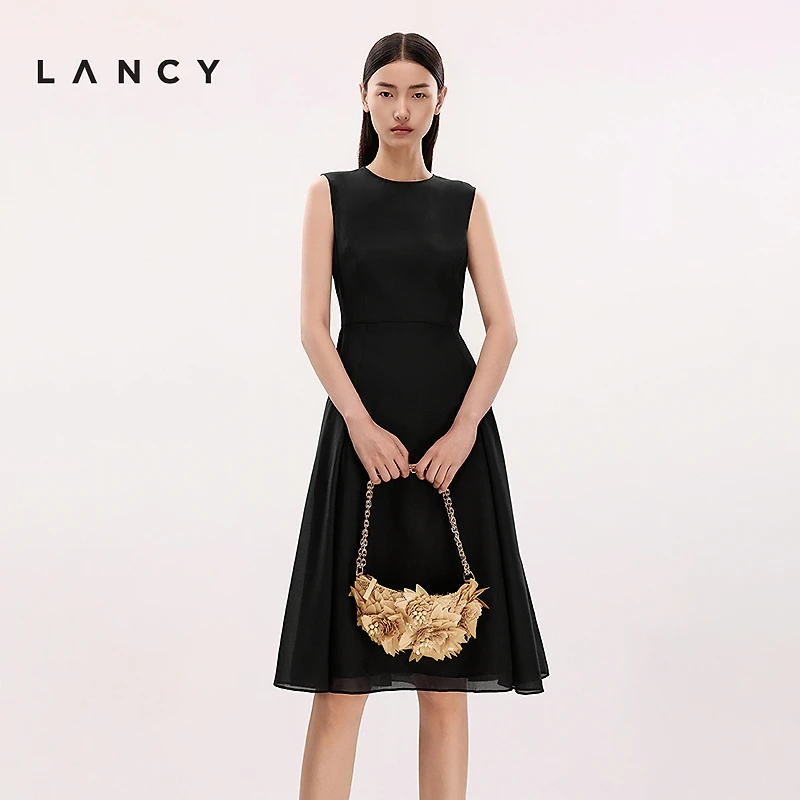 LANCY/朗姿2025夏季新款极简薄纱高级感收腰A字无袖显瘦连衣裙女
