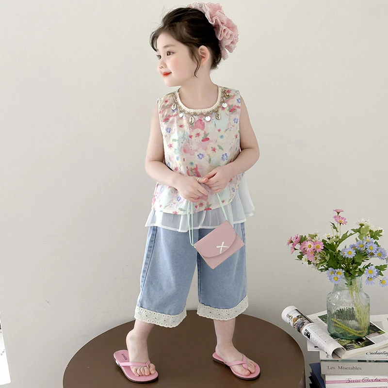 女童碎花无袖套装洋气儿童夏季新款女宝宝薄牛仔裤两件套小女孩潮