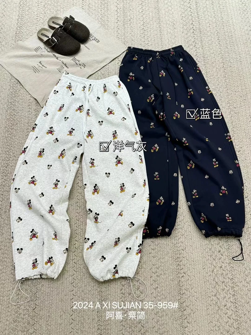 米奇松紧腰卡通印花加绒宽松韩系百搭休闲保暖卫裤女