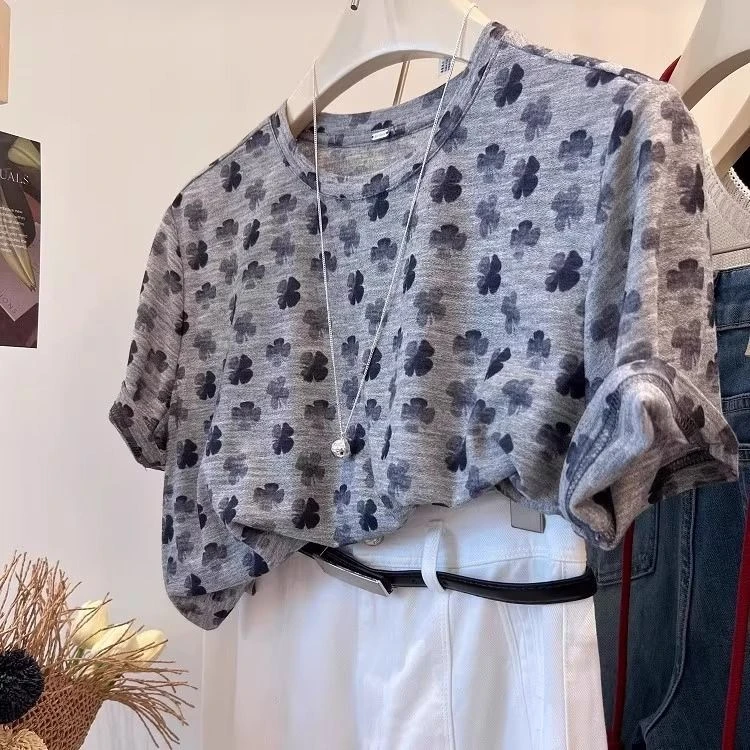 韩系四叶草印染软糯薄款2025夏季新款圆领宽松短袖T恤上衣女