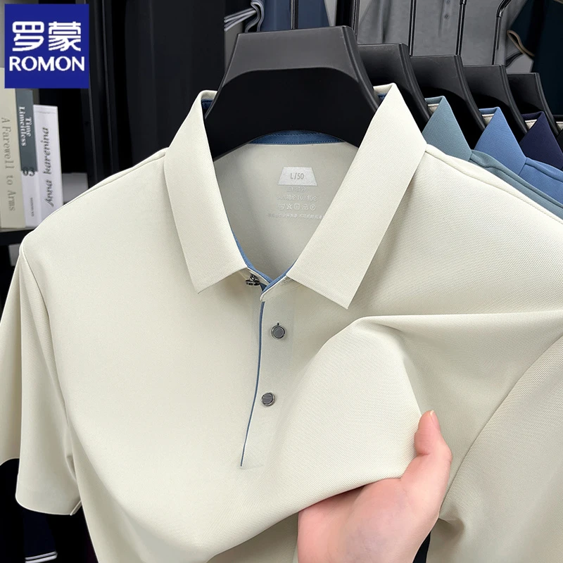 【7A抗菌】罗蒙短袖t恤男士2025夏季商务休闲翻领polo衫新款纯色男
