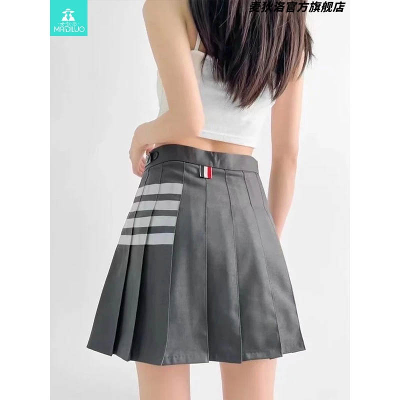 夏季新款四条杠百褶裙高品质显瘦百搭防走光A字短裙休闲学院风