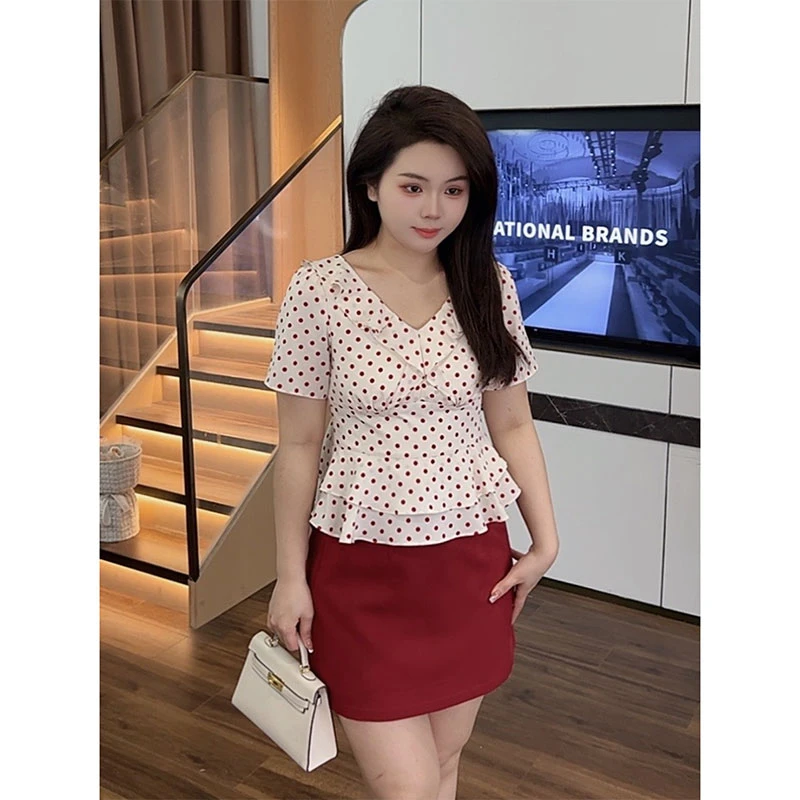 大梦微胖定制【JDM1252】复古显瘦V领波点荷叶边上衣+半裙