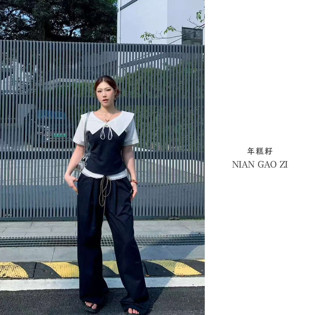 ZOZ年糕籽[韩系奶茶裤]夏季显瘦宽松阔腿裤女修身长裤时尚裤子