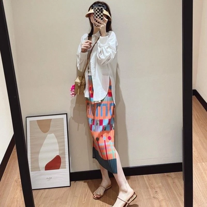 【褶二喜】明星同款三宅风夏季新款印花褶皱半身裙高腰开叉A字裙