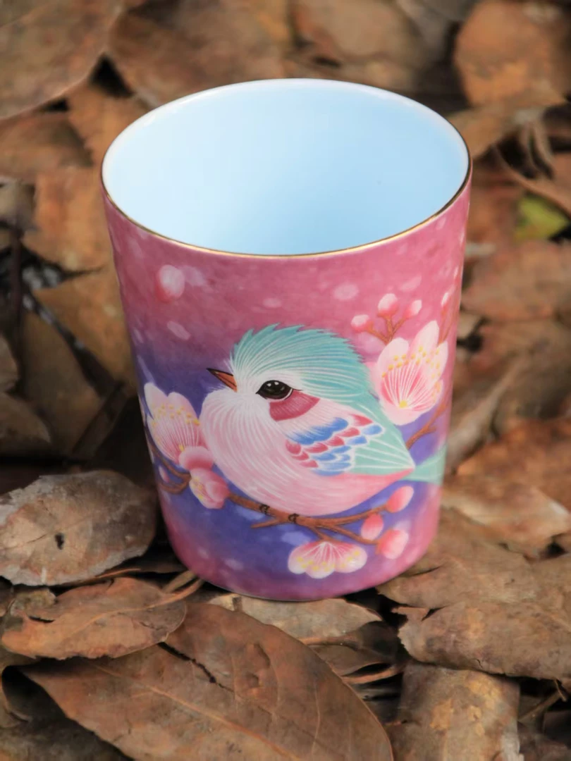 水彩花鸟茶杯高档工艺家用品茗杯大容量水杯