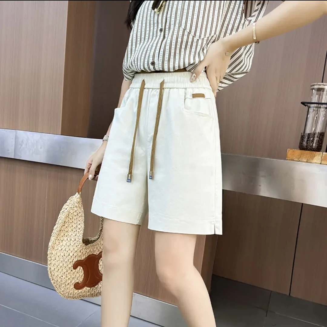 SS夏季新款宽松大码百搭显瘦高腰阔腿松紧腰A字短裤