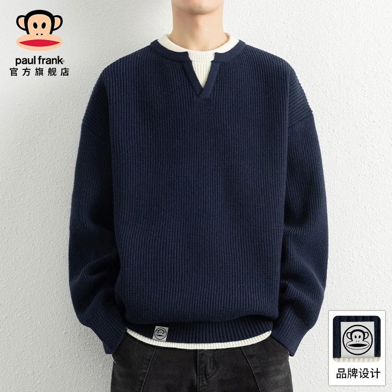 PaulFrank/大嘴猴潮流纯色针织毛衣男秋季新款假两件宽松休闲上衣