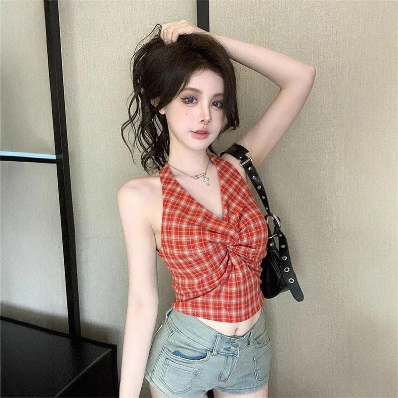 纯欲辣妹格子挂脖吊带背心女夏季新款修身设计感扭结无袖上衣