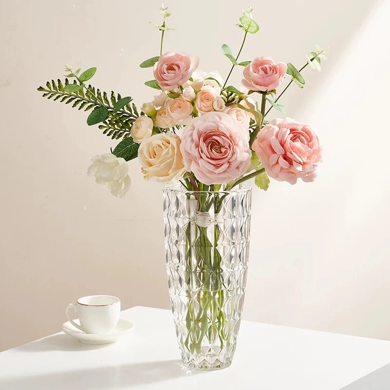 水晶玻璃花瓶透明菱格轻奢客厅插花玫瑰百合鲜花装饰花器摆件KP-1