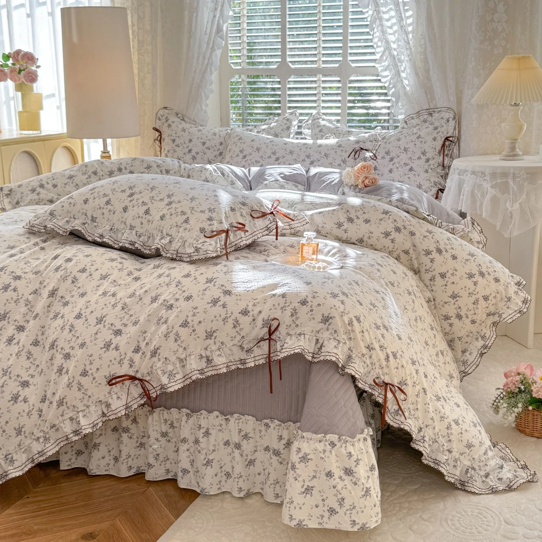 韩版公主风印花云感双层纱夹棉床盖四件套被套柔软透气四季通用