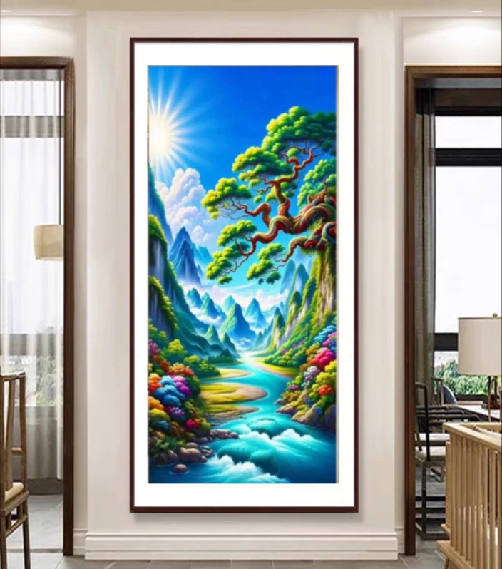 纯手工十字绣成品入户玄关装饰画万木争春走廊过道壁画135×75厘米