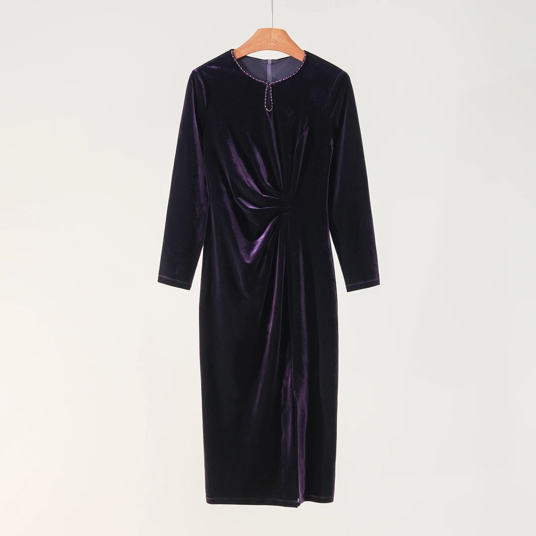 西子/【锦瑟和鸣】喜妈妈丝绒钉珠圆领捏褶收腰显瘦连衣裙/CQYF0256