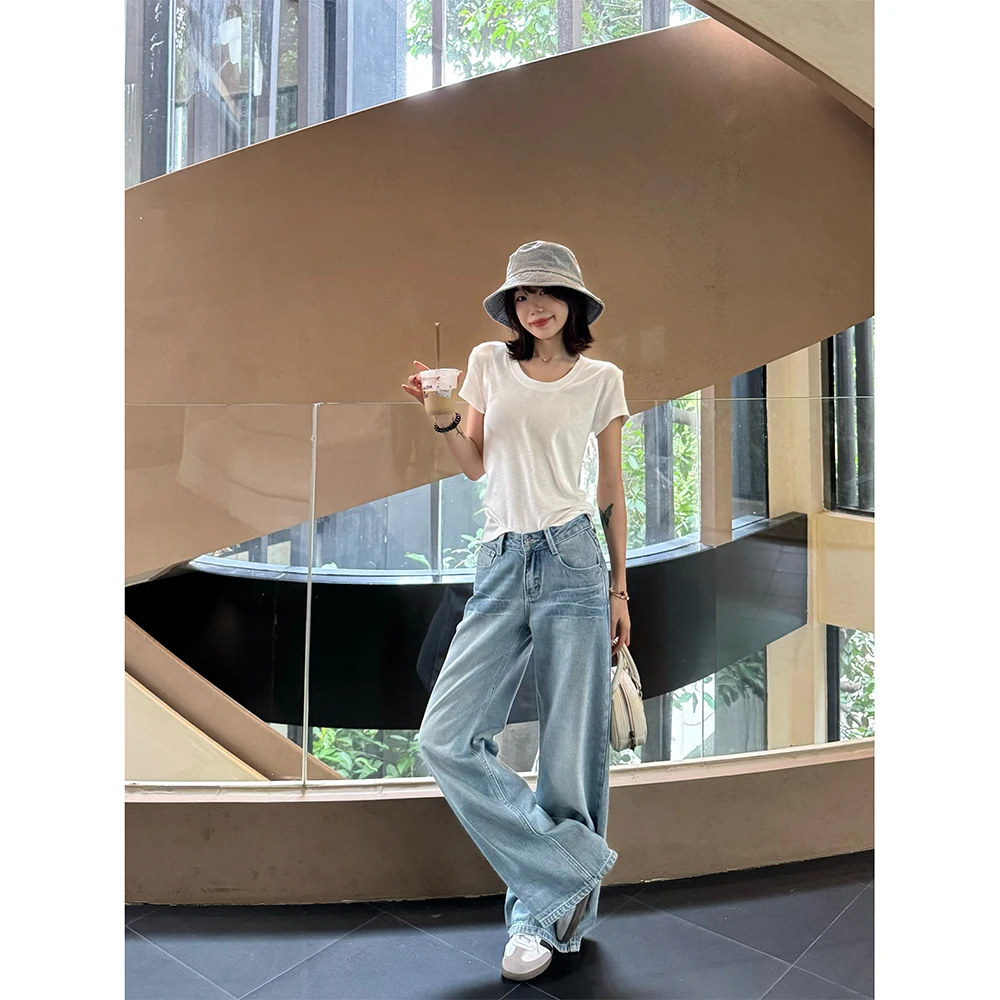 王家有鱼垂感低腰阔腿牛仔裤2025夏季新款直筒宽松百搭休闲女裤子