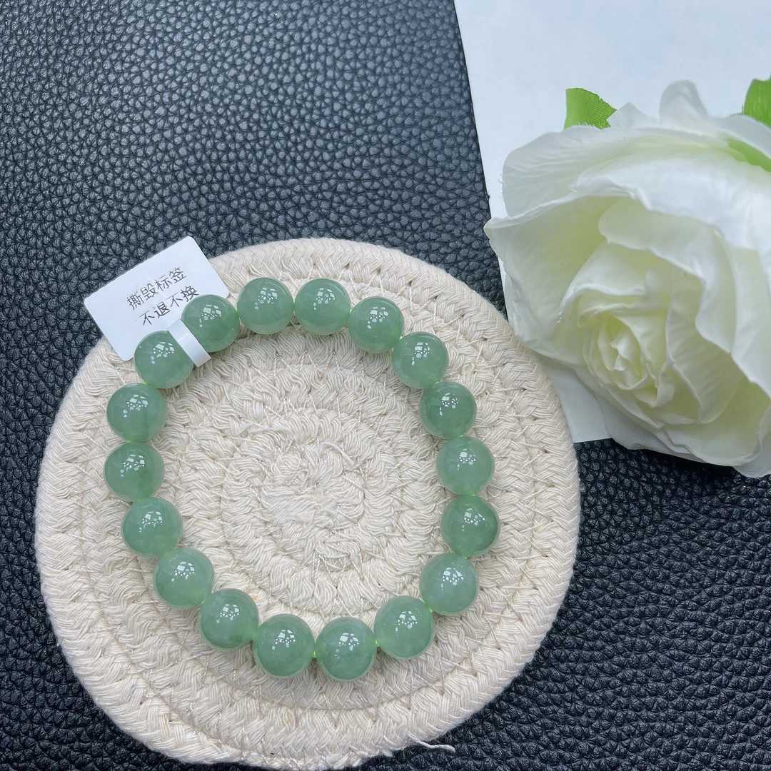 缅甸天然A货翡翠 糯冰种水甜绿色素圈百搭翡翠手串 卡11mm 18颗