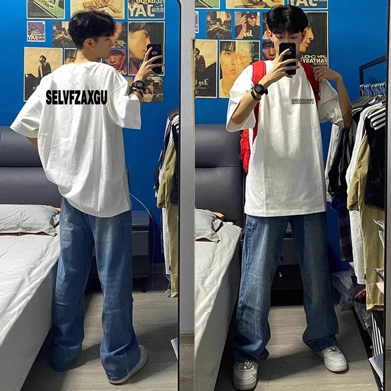 美式潮牌小众印花圆领白色短袖T恤男款夏季纯棉重磅宽松上衣半袖