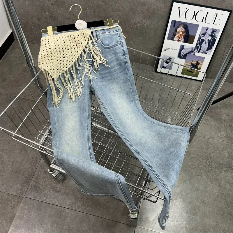 浅蓝色两件套牛仔裤2025春季新款针织系带流苏喇叭腿显瘦白搭女裤