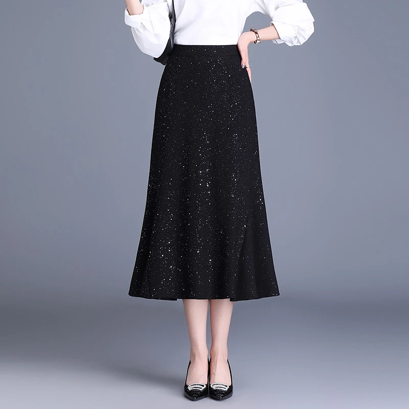 黑色亮片鱼尾半身裙女春秋2025新款高腰包臀裙中长遮肉显瘦一步裙