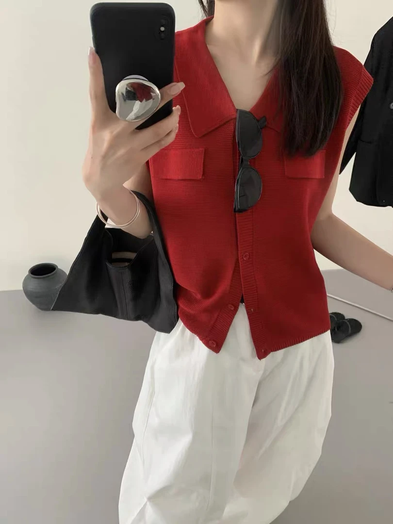 1430 夏季无袖POLO领纯色针织衫背心