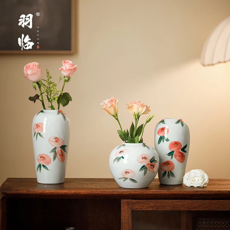 景德镇陶瓷瓶手绘团花瓶新中式水培花干插鲜花器禅意装饰摆件粉引