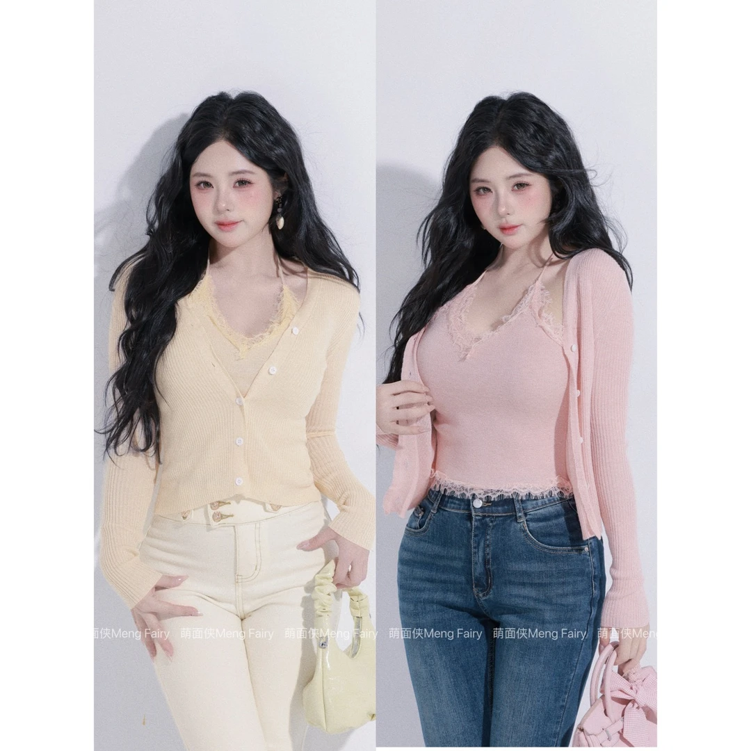 萌面侠【出圈蕾丝】羊毛混纺假两件拼接蕾丝保暖挂脖毛织上衣6751M