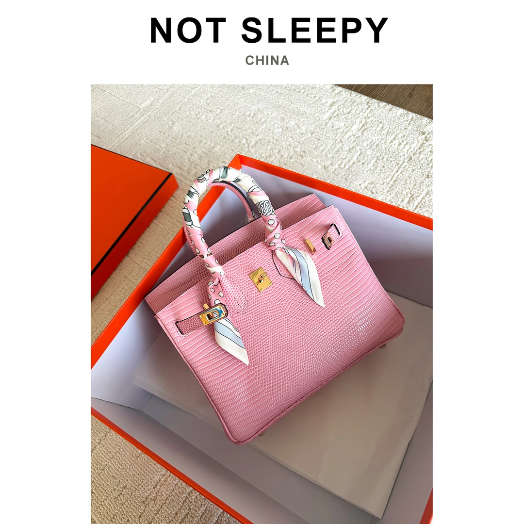 "头层牛皮压蜥蜴纹" 樱花粉铂金包25cm通勤手提包高级感/轻奢女包
