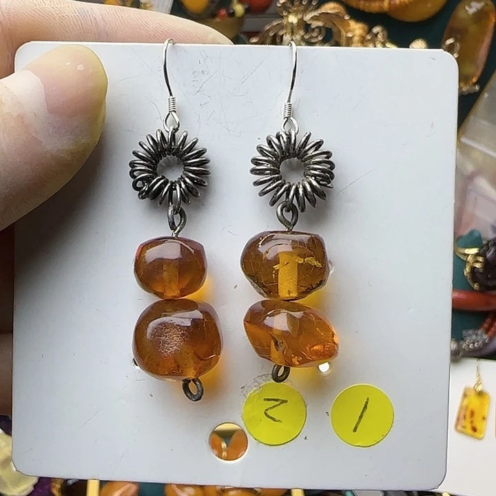 琥珀银S925镶嵌耳饰