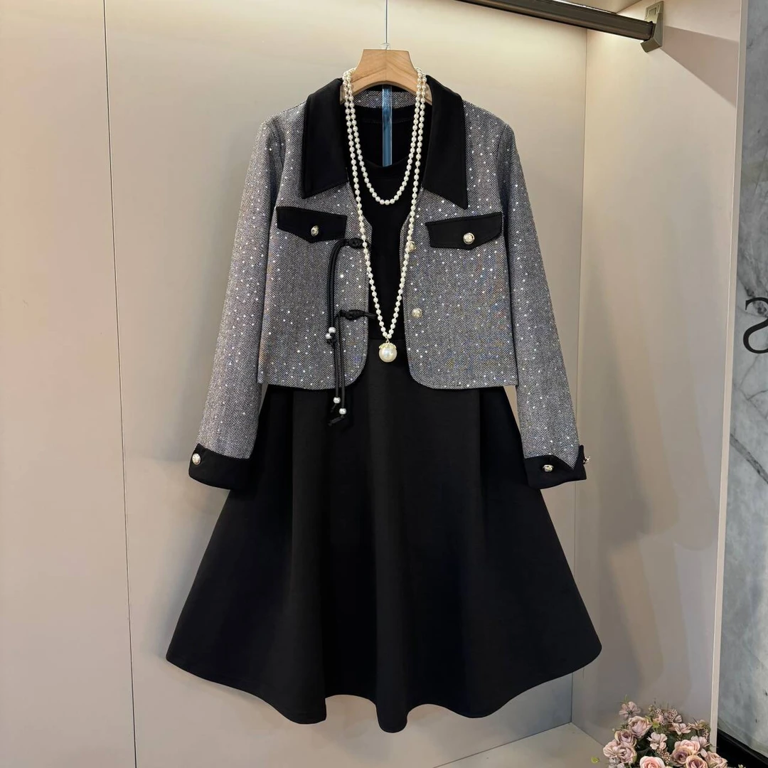 大码女装2025小香风气质翻领盘扣闪亮工艺百搭连衣裙套装（衣长98）