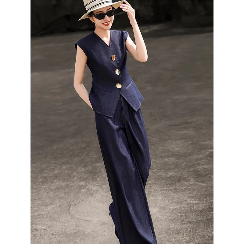 2025夏季新款气质高级感无袖V领马甲上衣高腰阔腿裤套装女