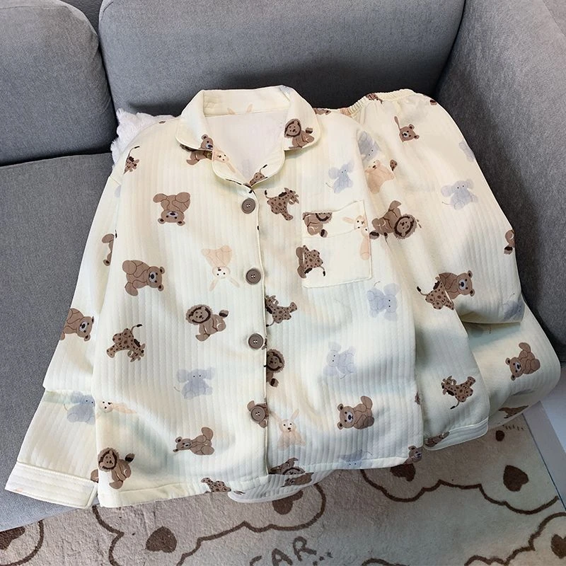 芯语婷春秋季新款蓝格腊肠狗空气棉女睡衣冬季卡通长袖家居服套装