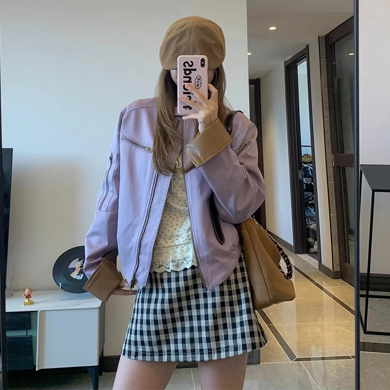 短款皮衣外套女2025早秋新款美式设计感撞色拼接小个子机车夹克