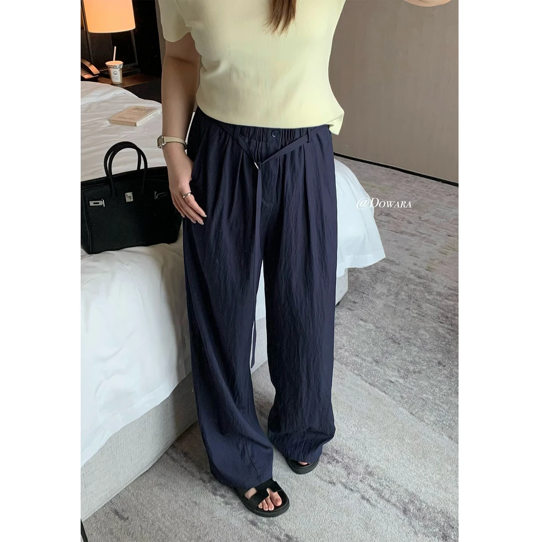 现货大婉酱微胖定制韩版垂感轻薄裤松紧腰夏季直筒休闲裤女8225D