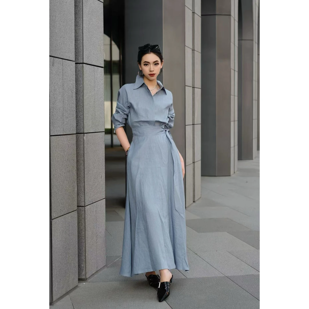 POPULARYW【晴霁】Z·R上品屋 法式复古围裹式气质显瘦亚麻套装裙