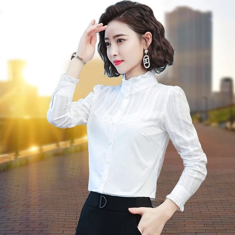 【官方品牌】啄木鸟衬衫女长袖2025春秋白色立领木耳打底衫气质衬衣