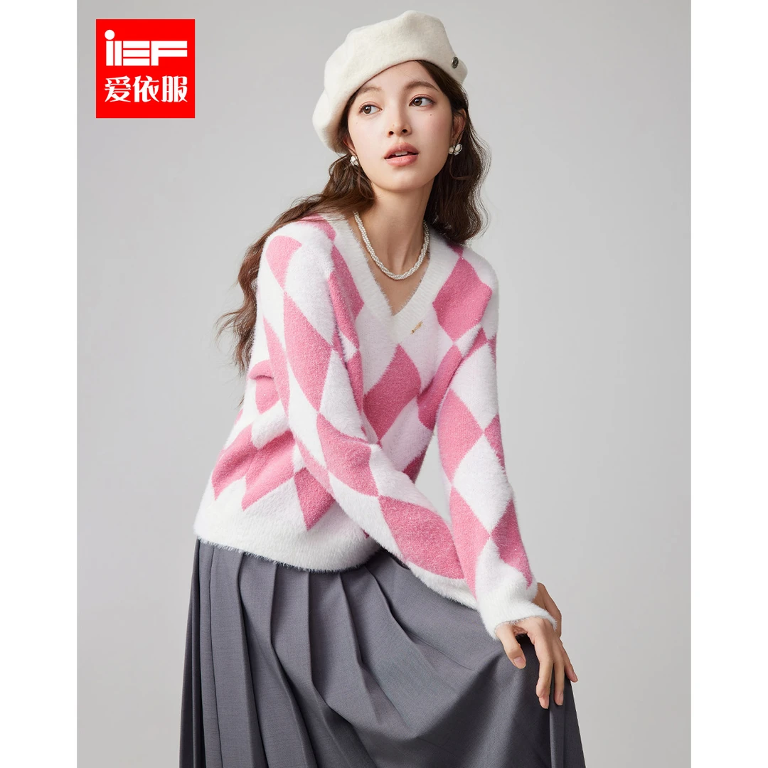 IEF/爱依服2025秋冬新款法式温柔风别致菱格设计通勤百搭毛织上衣