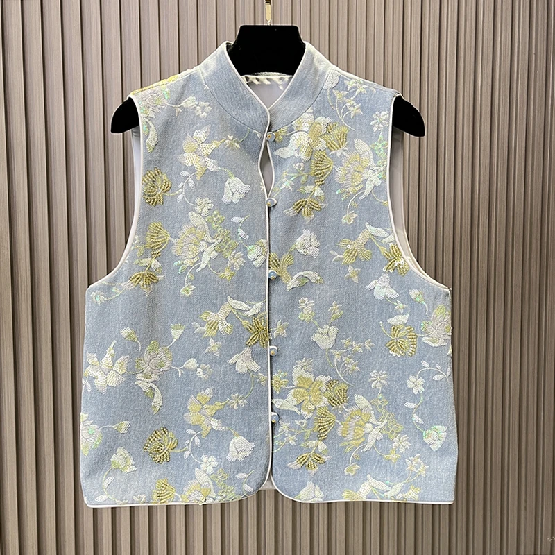 牛仔马甲百搭复古中式马夹印花民族风提花上衣A113