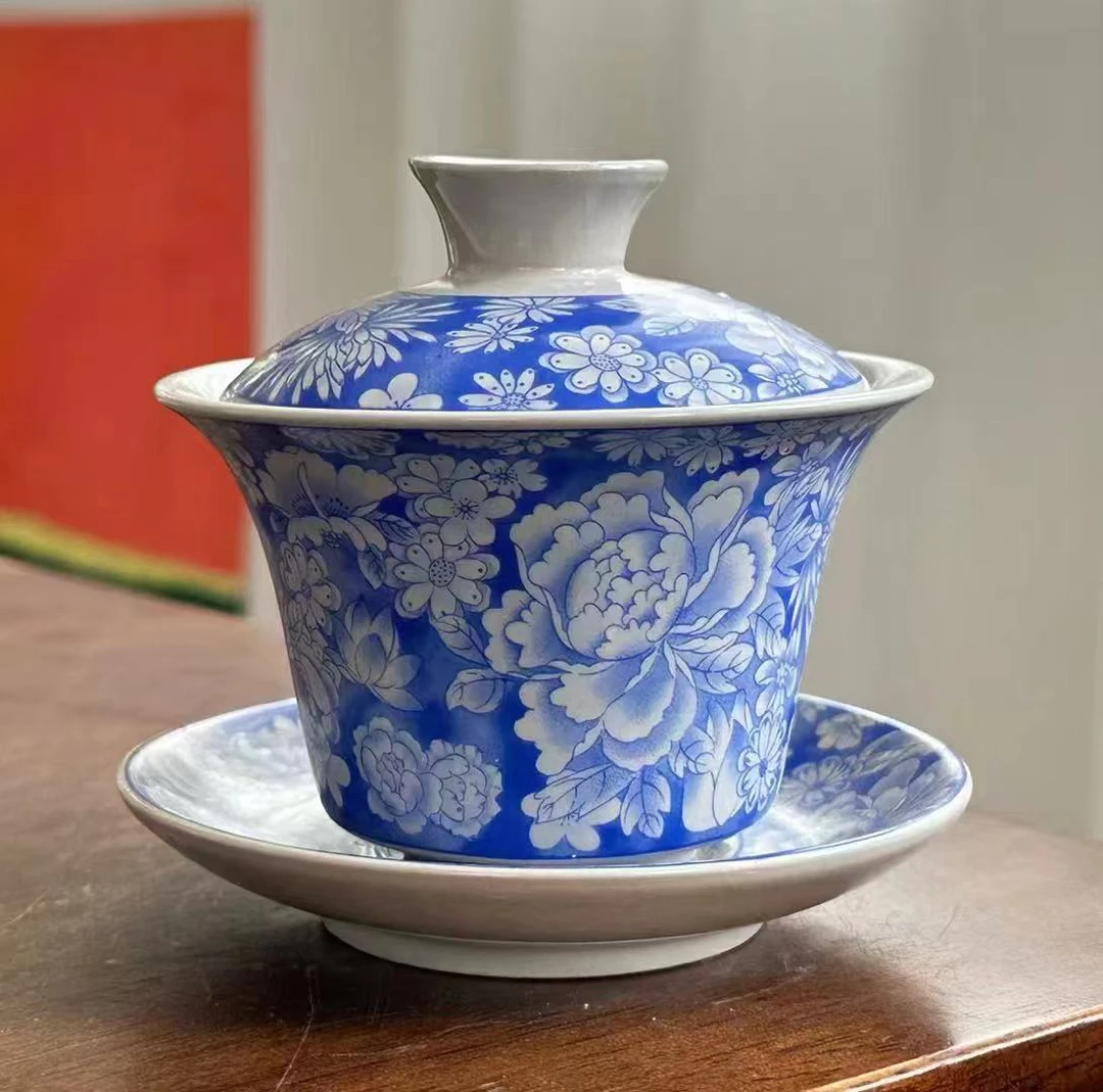 A 183复古青花可悬停中式泡茶器防烫盖碗