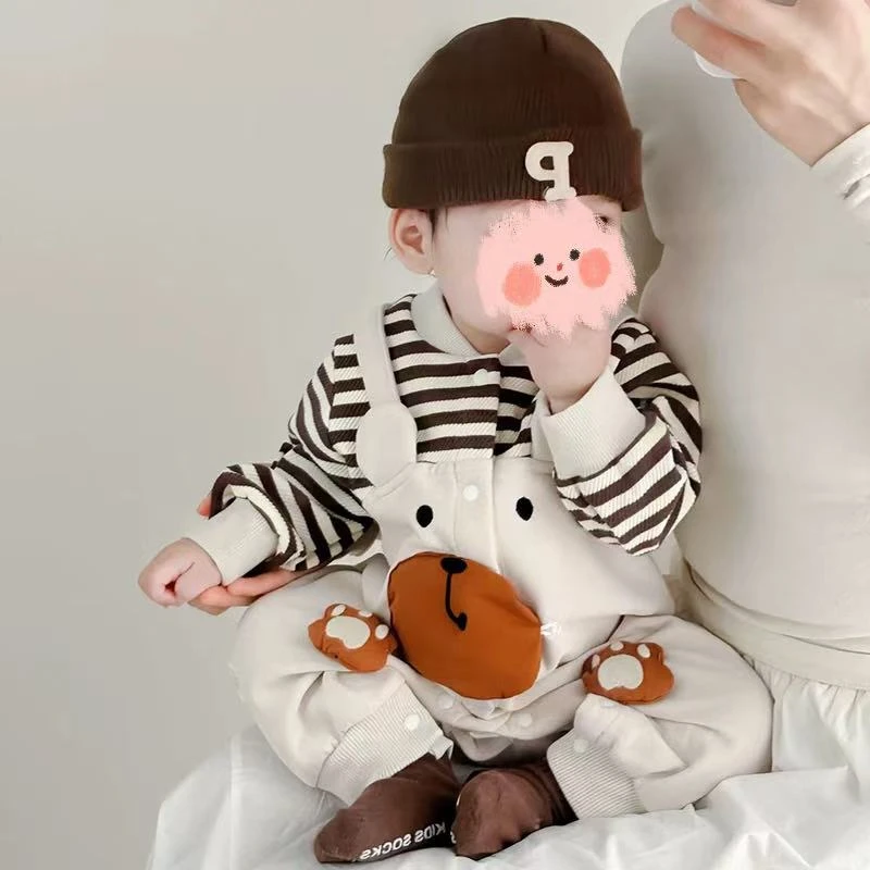 春秋新款条纹拼接熊脸假背带双层宝宝衣服婴幼洋气儿童衣服婴儿