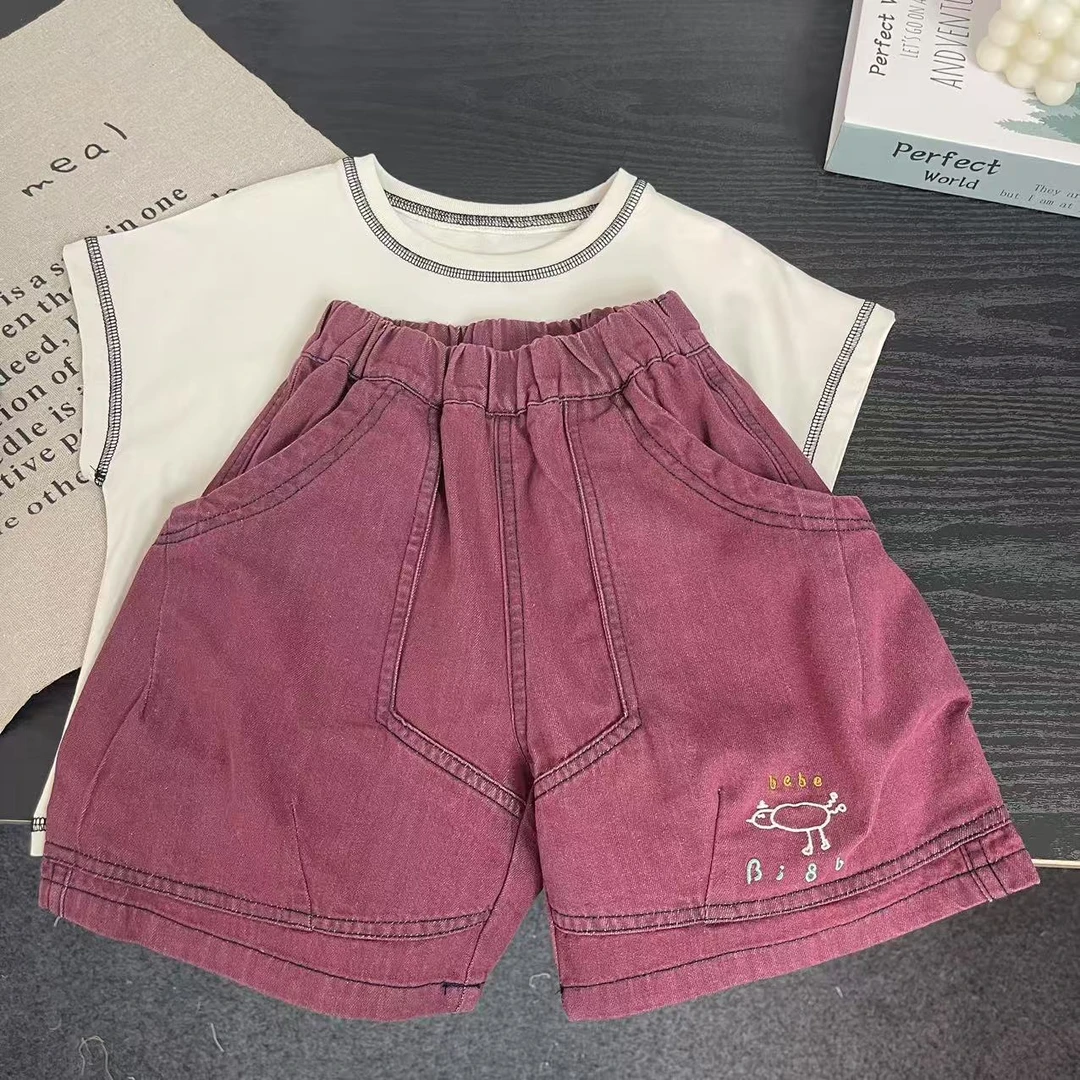 K063韩版儿童大兜刺绣牛仔短裤