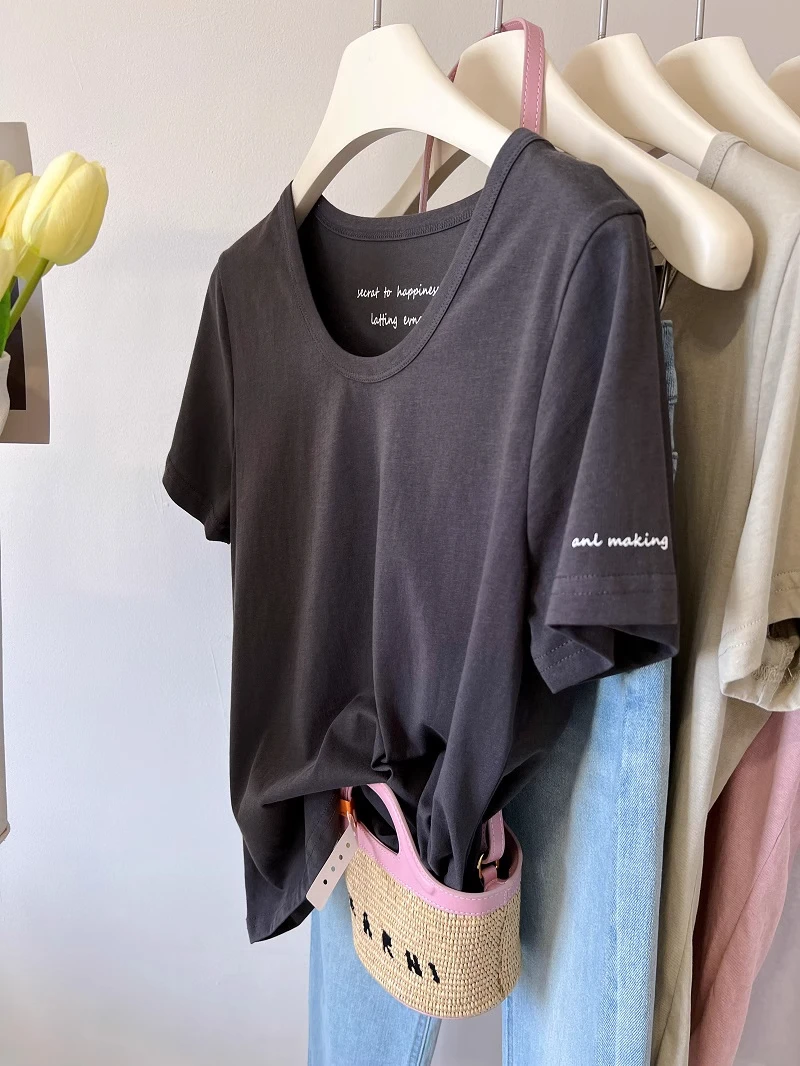 特大码300斤T恤男女夏季软软亲肤薄棉袖口字母印花宽松露锁骨短袖