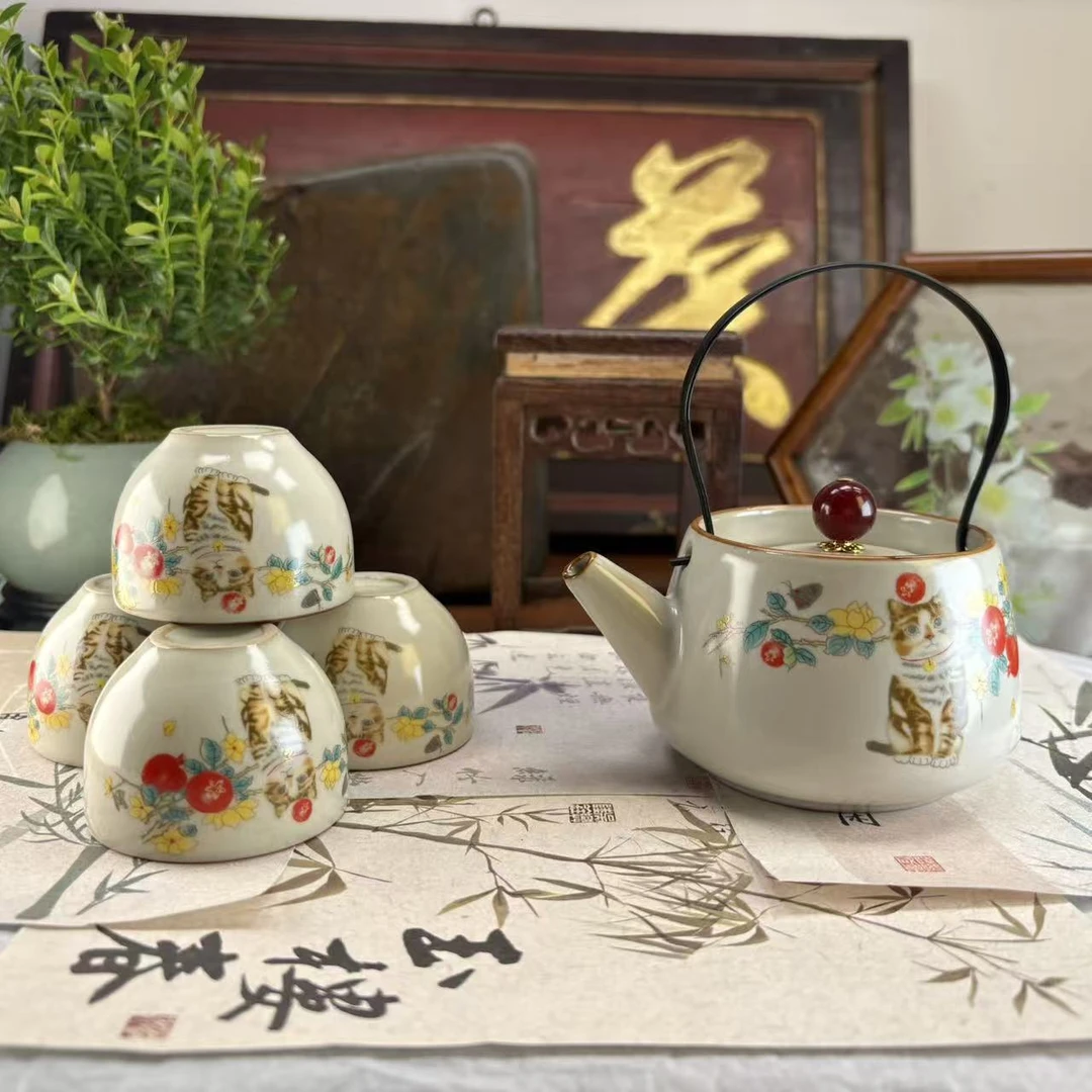 黄汝小提梁壶-黄花猫+4杯-3081-0104