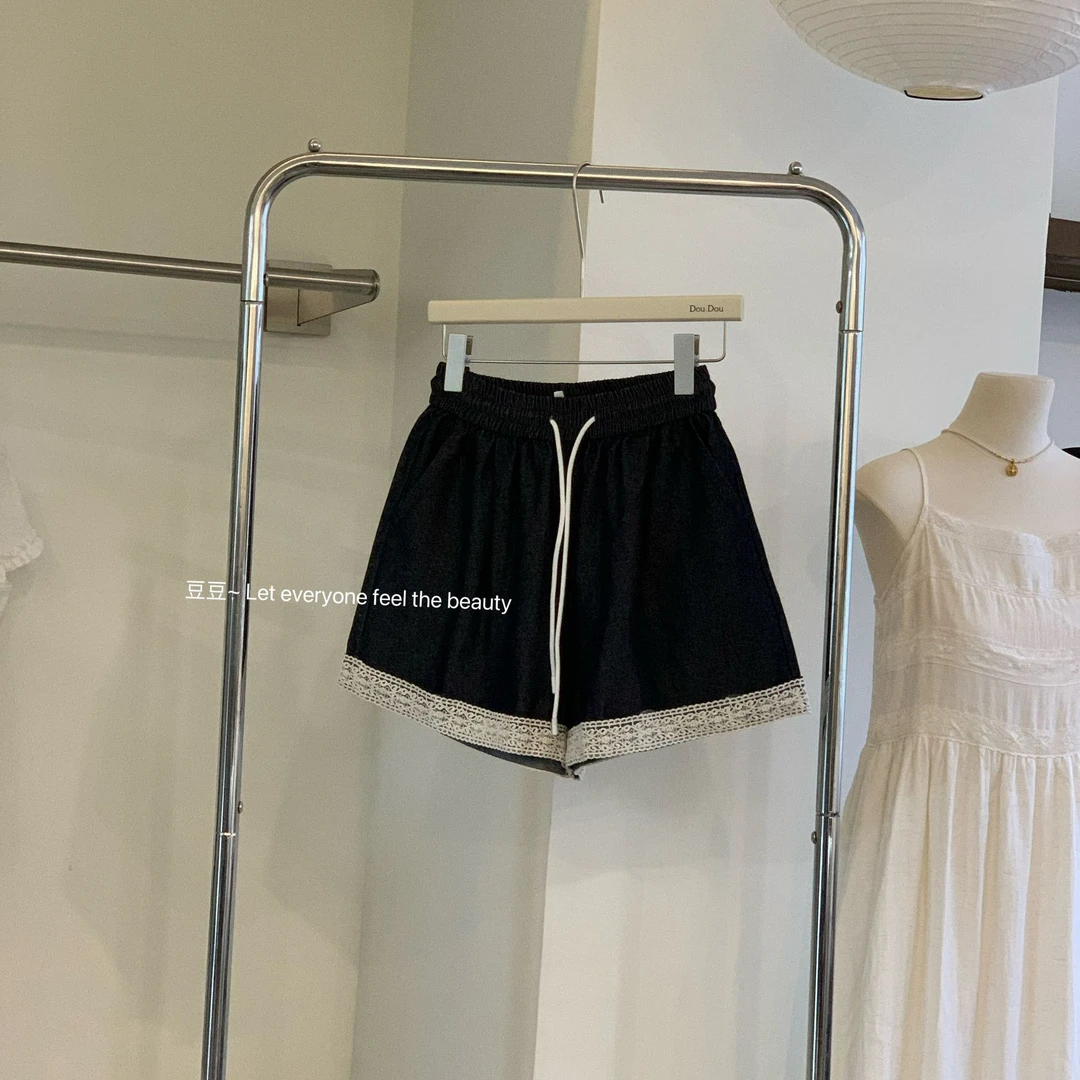 夏季新款韩系抽绳高腰设计拼接花边短裤女宽松休闲阔腿裤时尚ins