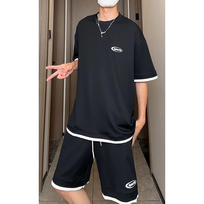 假两件套装男生夏季薄款短袖t恤拼接运动短裤休闲潮牌宽松两件套