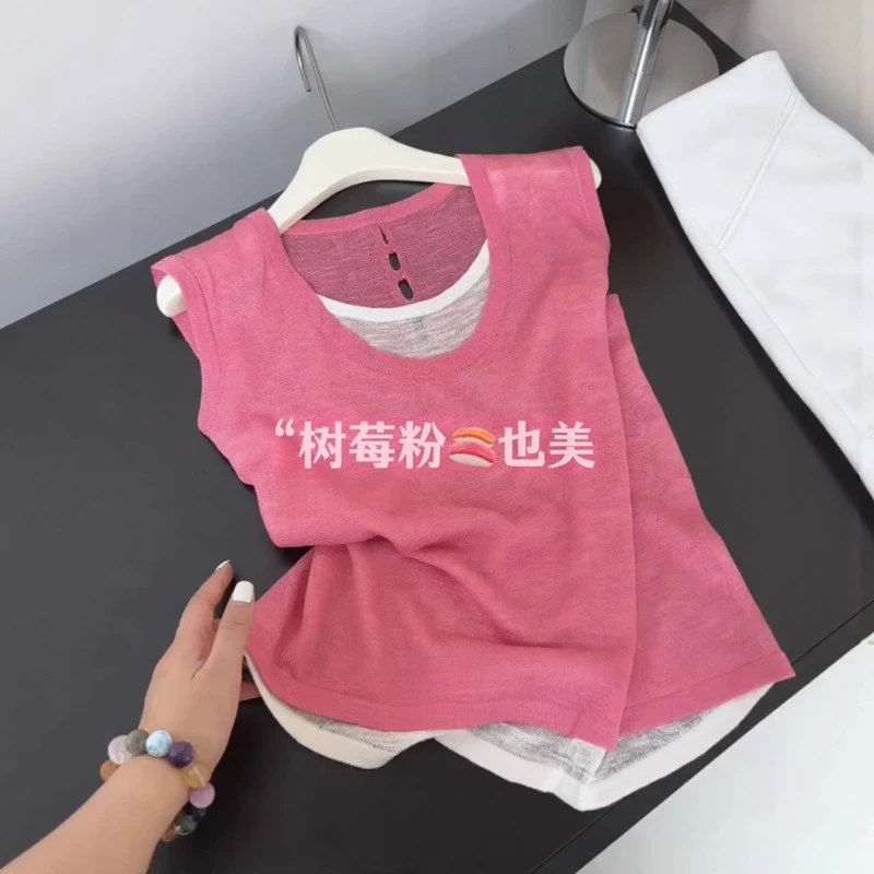 韩系时尚显白假两件拼接无袖背心女2025夏季新款撞色拼接减龄上衣