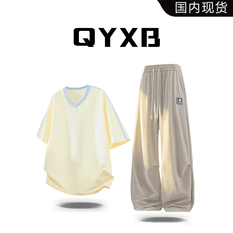 【品牌现货】QYXB肌理感日系初中生男装夏季套装男孩痞帅休闲一套